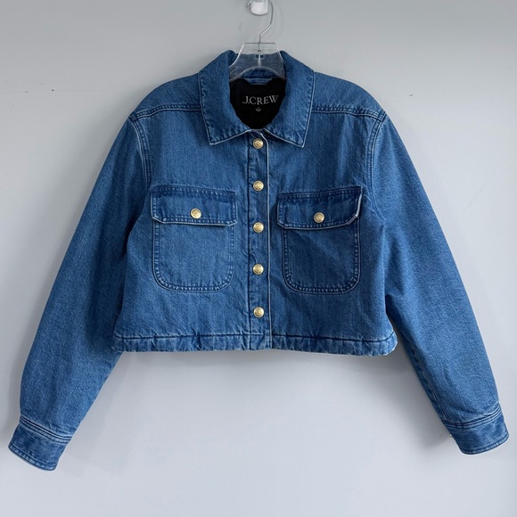 J Crew Cropped Denim Puffer Jacket Blue Quilted Jean Coat 90s Street Style S - Picture 4 of 13